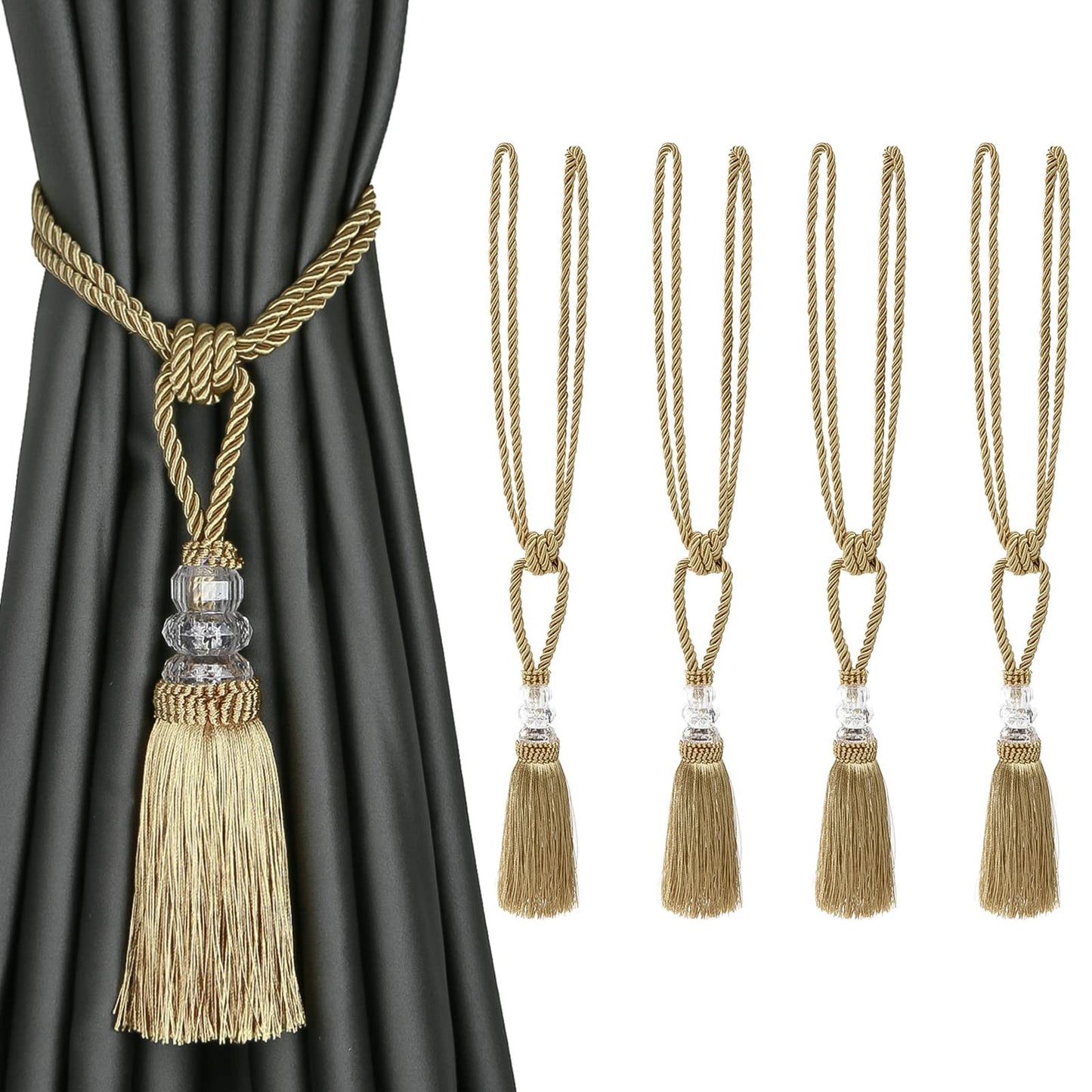 BEL AVENIR 4 Pack Curtain Hand-Woven Tiebacks Crystal Holdbacks Home Decorative Tassels (Golden, 4 Pack)