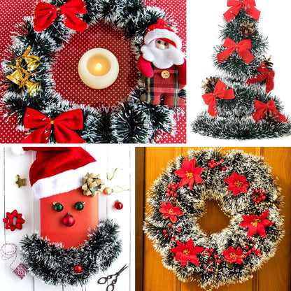 32.8 Ft Christmas Tinsel Garland, Dark Green Garland-Thick White Snow Metallic Garland for Christmas Tree, Wedding Birthday Xmas Disco Holiday Party