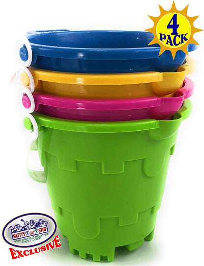 Matty's Toy Stop Beach Gear 7" Plastic Castle Mold Sand Buckets (Pails) with Easy Pour Spout and Handle Blue, Pink, Green & Yellow Party Set Bundle - 4 Pack