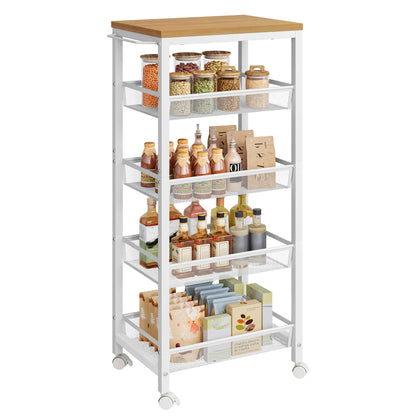 Hoctieon Rolling Storage Cart, 5-Tier 11.8" Wide Rolling Kitchen Storage Cart, Utility Cart with Handle & Wheels, Mobile Shelving Unit, Metal Frame Narrow Cart for Home Kitchen, Laundry, Oak Beige