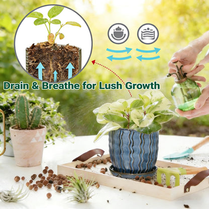 Ceramic Planter, 4.5+5.5 Inch Small Plant Pots, Flower Pots Indoor Planters with Drainage and Tray, Pot for Indoor Plants - Succulents, Snake Plant, Cactus, Aloe Vera, Herb for Home Decor(Glaze Blue)