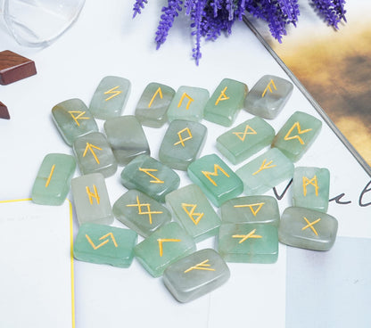 Crocon Green Jade Rectangle Shape Gemstone Runes with Elder Futhark Alphabet Engraved 25 pcs Rune Set Crystal Divination Metaphysical Healing Chakra Reiki Runes Set with a Pouch Size : 20-25mm