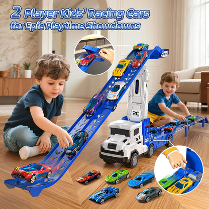 Transport Truck Toys for 3 4 5 6 7 Years Old Boys,Toys Cars Track Set Transporter Trucks with 12 Die-Cast Car Toys 2 Race catapults Dual-Track Model,Toddler Car Toy Set for Kids Boys Girls