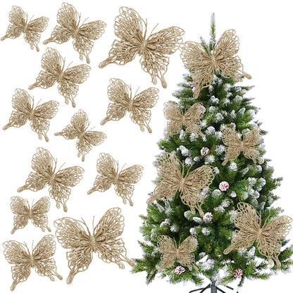 Butterfly Decorations Champagne Gold Glitter Christmas Tree Butterfly Ornaments Artificial Butterflies with Clip & Stem for Xmas Party Wreath Garland Decor - 12-Pack 5inch 3D Hollow Butterflies