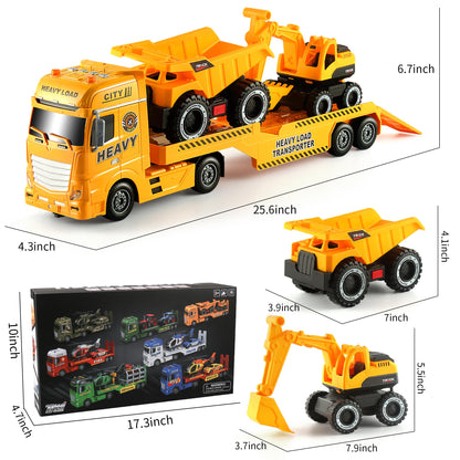 Dwi Dowellin Construction Carrier Truck Kids Toys,25.6" Semi-Trailer Toy with Excavator and Dump Truck,Gifts for Age 3 4 5 6+ Years Old Boys Girls