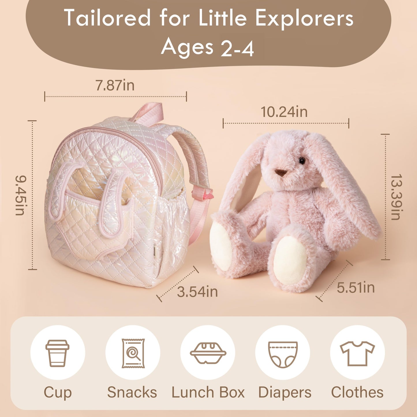 Moonkie Hug & Go™ Bunny Toddler Backpack – Soft Plush Bag with Detachable Toy for Girls Aged 2–4 | Perfect for Daycare, Travel & Birthday Gifts