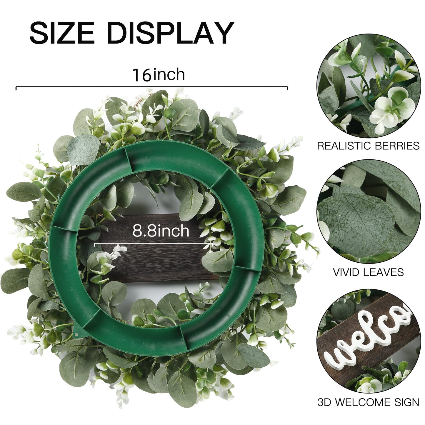 Sggvecsy 16in Artificial Eucalyptus Wreath with Welcome Sign Green Eucalyptus Leaf Wreath Greenery Wreath Round Leaves Wreath for Front Door Wall Window Festival Farmhouse Porch Patio Garden Decor