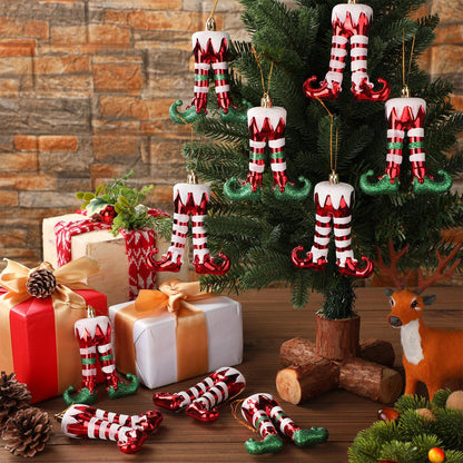 Soulchen 10 Pcs Christmas Elf Legs Ornaments Xmas Red Green White Feet Tree Topper Plastic Elf Feet Hanging Decorations with Gold Rope for Holiday Party Crafts Home Decor