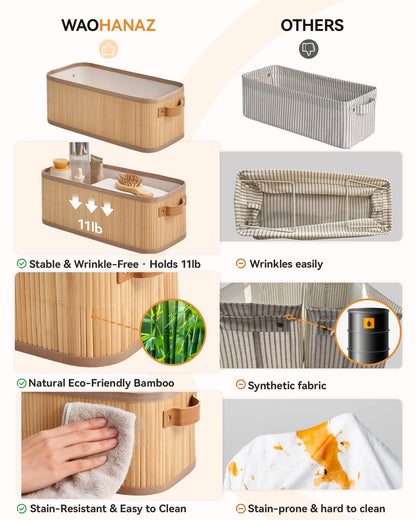 Narrow Storage Bins, Small Basket for Closet and Shelves, Bamboo Toilet Paper Storage Organizer with Handles for Countertop-Bathroom-Home Decor, 2-Pack