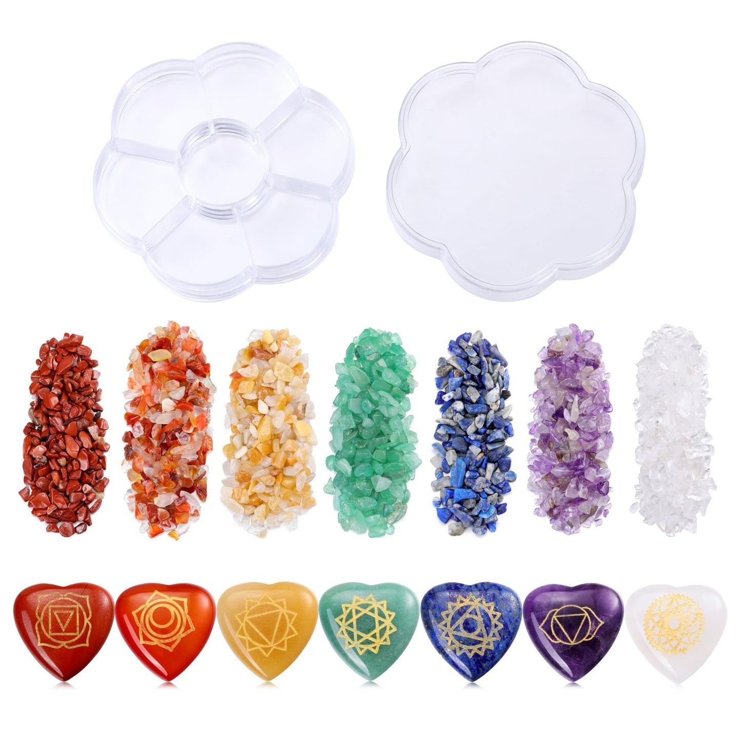 MANIFO 7 Chakra Crystal Stones Set Healing Crystals Gemstones with Heart Shape Engraved Chakra Symbol Polished Chakra Stone for Meditation Balancing Gift for Christmas