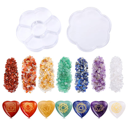 MANIFO 7 Chakra Crystal Stones Set Healing Crystals Gemstones with Heart Shape Engraved Chakra Symbol Polished Chakra Stone for Meditation Balancing Gift for Christmas