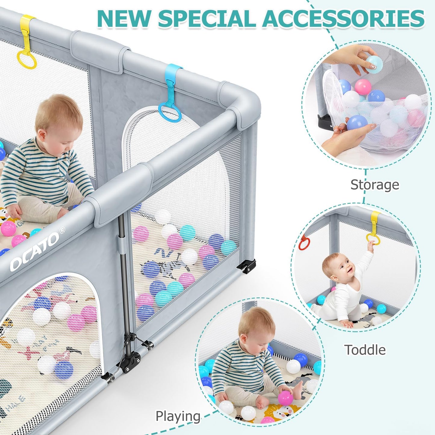 OCATO Baby Playpen with Mat: Foldable Playpen for Babies and Toddlers Play Pen Portable Playpens Fence Indoor Outdoor Kids Safety Area Play Yard with 50x50 Playpens Mat 4 Handlers 50 Balls (50" × 50")