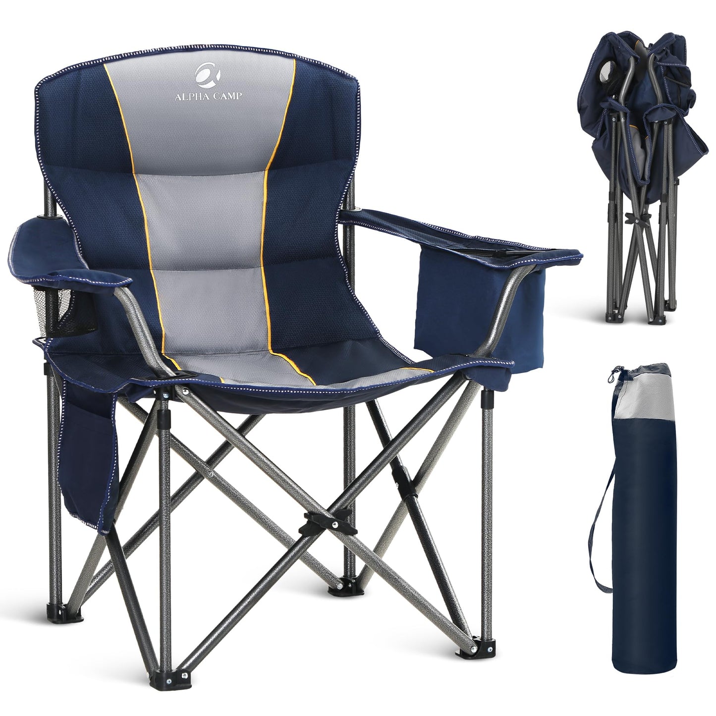 Oversized Folding Camping Chair for Adults, Heavy Duty Portable Lawn Chairs with Cooler Bag, Side Pocket & Cup Holder, Folding Chairs for Outside Support 450 LBS Outdoor Chair