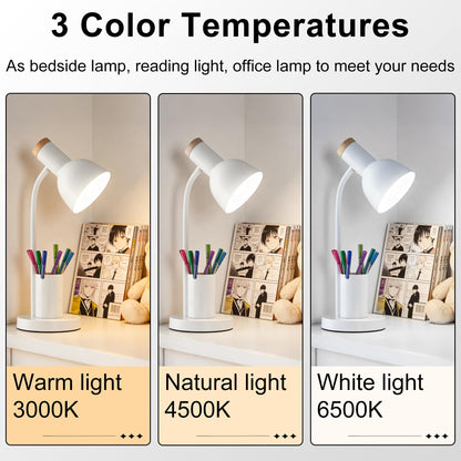 WLHONG LED Desk Lamp, Table Lamps with Pen Holder, 3 Color Modes Eye-Caring Reading Light with Flexible Gooseneck, Study Lamp for Kids Bedside Home Office Room College Dorm Essentials (White)