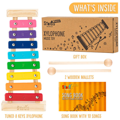 Stoie's Wooden Xylophone for Kids and Toddlers, Kid-Friendly Design, 8 Notes of Rainbow Color, Tuned C-Key Xylophone with Mallets and Music Songbook, Kids Musical Instrument Educational Montessori Toy