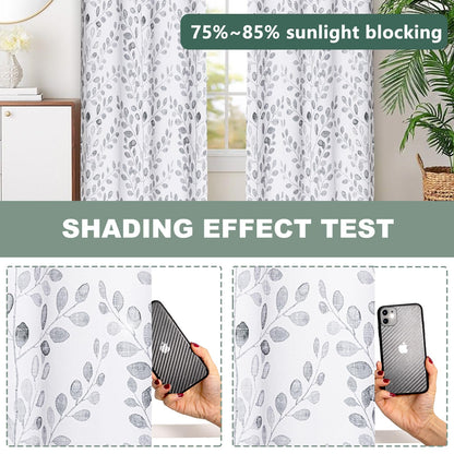 MYSKY HOME Bedroom Curtains 2 Panel Sets Thermal Insulated Curtains for Small Window Leaf Print Classical Room Darkening Drapes for Living Room, 52W x 63L Inch, Grey