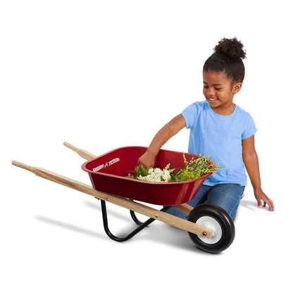 Radio Flyer Classic Kids Wheelbarrow, For Kids 3+, Seamless Steel Tray with No-Scratch Edges, Real Wooden Handles, Durable Front Wheel, Steel Undercarriage, 25 lb Capacity, Garden Toy for Children