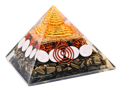 Amazing Gemstone Orgone Pyramid for Money Magnet Pyrite Crystals with Rudraksha, Gomati Chakra, Shree Yantra - Authentic Orgonite & Organite Gifts to Atrract Money Wealth Pooja, Financial Growth