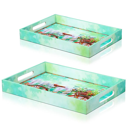Crocon Wooden Serving Tray with Handles – Set of 2 Rectangular Trays – Cycle Print Decorative Trays for Coffee Table, Kitchen, and Home Décor