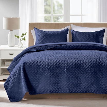 FLYMME Quilts Queen Size - Ultra Soft Navy Blue Quilt Lightweight Microfiber Bedspreads, Classic Basket Weave Pattern Bedspread Bed Coverlet 3 Pieces for All-Season (1 Quilt, 2 Pillow Shams)
