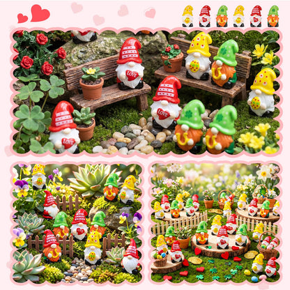 Qunclay 60 Pcs Mini Gnome Figurines, St. Patrick's Day and Easter Spring Decor, Shamrock Egg Heart Theme Resin Tabletop Ornaments for Tiered Tray, Home Table, Party Favors