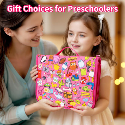Toddler Busy Board, Montessori Busy Book for Toddlers, 12-Page Quiet Educational Activity Book, Learning Sensory Toys for Motor Skills, Travel Toy for Car Airplane, Girl Kids Birthday Gifts (Pink)