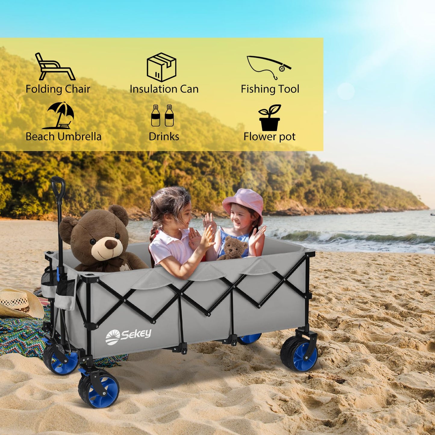 Sekey Extended Collapsible Foldable Wagon with 660lbs Weight Capacity, Heavy Duty Folding Utility Garden Cart with Big All-Terrain Beach Wheels & Drink Holders. Light Gray