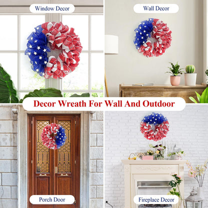 26 Inch Mesh Patriotic Front Door Wreath, 4th July Independence Day Wreath for Summer America Patriotic Flag Burlap Farmhouse Decor, Memorial Day Americana Front Window Hanging Decor