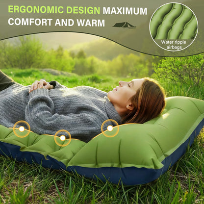 FUN PAC Camping Sleeping Pad, Ultralight Camping Mat with Pillow, Built-in Foot Pump Inflatable Sleeping Pads Compact for Camping Backpacking Hiking Traveling Tent,Single,Green