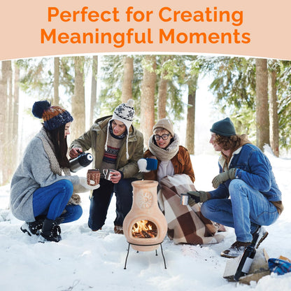 Outdoor Beige Clay Chiminea Outdoor Fireplace Sun Design Charcoal Burning Fire Pit with Sturdy Metal Stand, Barbecue, Cocktail Party, Family Gathering, Cozy Nights Fire Pit