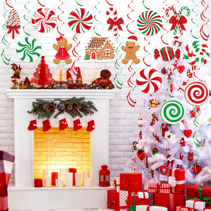 36 PCS Christmas Hanging Swirls Decorations Pre-Strung Candy Gingerbread Man Hanging Streamers Christmas Red Green Candies Gingerbread House Ceiling Swirl Streamer for Xmas Holiday Party Home Decor