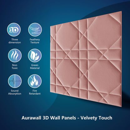 Aurawall Velvet 3d wall panels for Interior wall Decor peel and stick, Soundproof Geometric Textured 3d Wall Panels for Living Room, Bedroom, TV Background Pink 17.7" x 17.7", Covers 26.15 Sq.Ft 12pcs