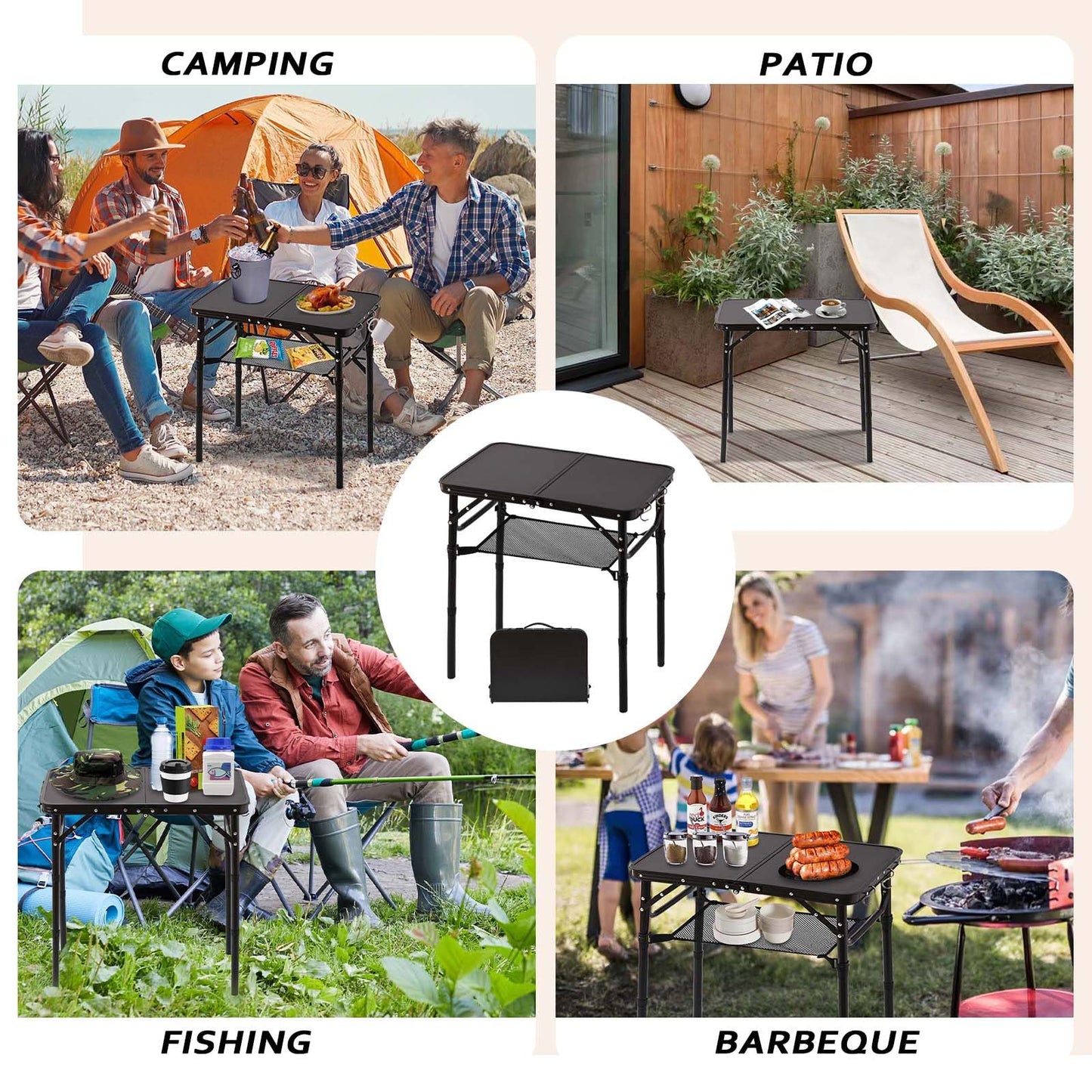 YihuiKo Folding Picnic Table with Storage Net, Matte Black Aluminum Folding Table 23.6" x 15.8", Adjustable Height Max 27.5", Lightweight Portable for Camping Travel Grill Indoor