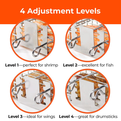 Adjustable Grill Basket with Removable Handle – 4 Height Levels for Vegetables, Meat, Fish & More – Locking Lid - Basting Brush, Scrub Sponge & Storage Bag for Outdoor Cooking