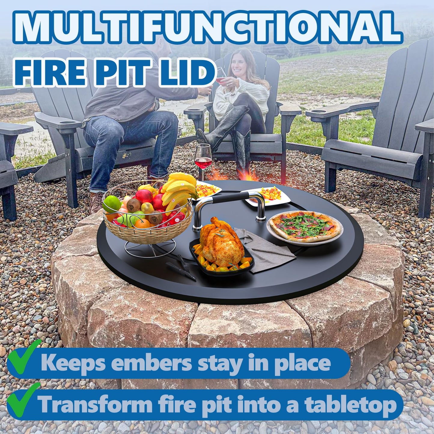 SafBbcue Fire Pit Lid Round 28.5" for Patio Outdoor Firepit, Metal Fire Pits Cover Round for Firepit Accessory, Firepits Metal Lid with Handle, Outdoor Bonfire Accessories, All-Season Protective