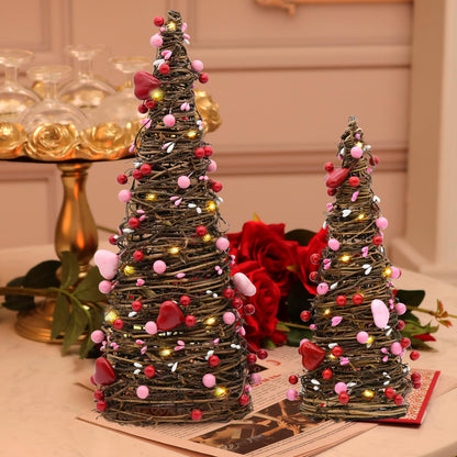 CRCZK Valentines Day Rattan Table Tree Decor with Lights Valentines Day Decorations 2Pack Lighted Tree with Red Heart&Berries Pink Table Centerpieces Valentine's Day Decorations Indoor Party Gifts
