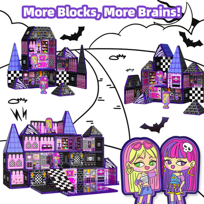 GobiDex Magnetic Tiles Doll House Building Toys, Monster Magnetic Blocks for Kids Ages 3-8,STEM Magnet Toys Birthday for 3+ Year Girls,Haunted Castle Playset