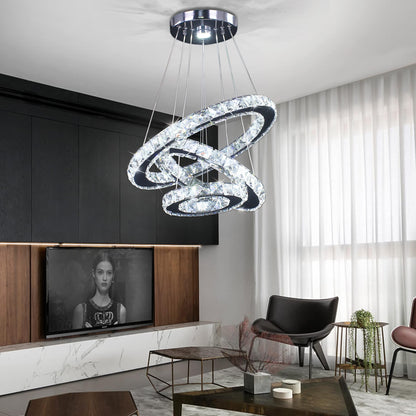 xychfantligh Modern 3 Ring Round Crystal Chandelier Adjustable Stainless Steel Pendant Lighting LED Crystal Ceiling Light Fixture for Living Room Dining Room Bedroom Cool White