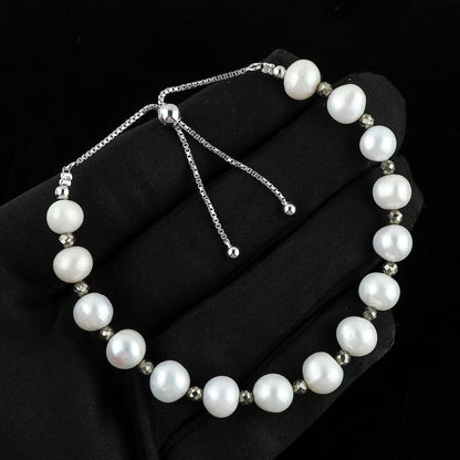 CRYSTALIS Natural Pyrite And Freshwater Pearl Beaded Bracelet, Elegant Beads Crystal, Chakra Bracelet, Healing Bracelet, Gemstone Jewelry, Friendship Bracelet, 925 Sterling Silver Slider 10 inch