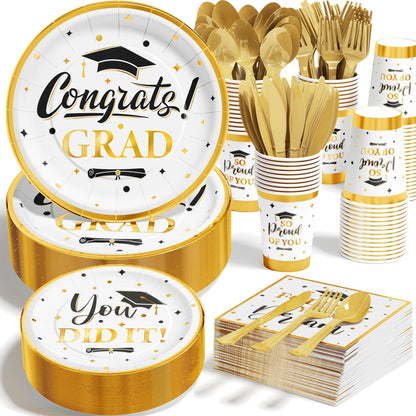 Ecomore Graduation Decoration Class of 2026, 350PCS Graduation Party Supplies Disposable Dinnerware(Serve 50) with Paper Plates Cup Napkin Fork Knife Spoon College High School Grad Decor(White & Gold)
