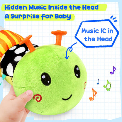 Baby Stuffed Caterpillar Toys for 0-6 6-12 Months, Musical Animal Sensory Toys for Infant 3 6 9 12 18 Months, Tummy Time Toys with Mirror Rattle Crinkle for Newborn Boys Girls Shower Gifts