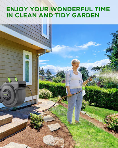 Retractable Garden Hose Reel, 5/8 Inch x 82 ft + 6 ft Wall Mounted Water Hose Reel with Auto Slow Rewind System, 10-Pattern Nozzle, Any Length Lock, 180° Swivel Bracket, Ideal for Easy Watering