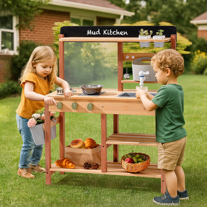 Robud Wooden Mud Kitchen for Kids, Outdoor Pretend Play Kitchen Set with Running Water Sink, Faucet, Planting Pots & Cooking Accessories, Educational Outdoor Toy Gift for Boys & Girls Ages 3+