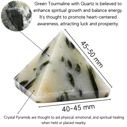 Amazing Gemstone Green Tourmaline in Quartz Pyramid Crystal Healing Stones - 2" Great Pyramid Figurine of Natural Stone Pyramid for Meditation, Reiki, Chakra Balancing and Crystal Pyramids Grid