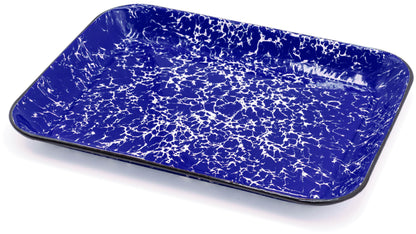 Red Co. 13.5” x 10” Enamelware Metal Classic 1.6-Quart Rectangular Serving Tray, Navy Blue Marble/Black Rim – Splatter Design
