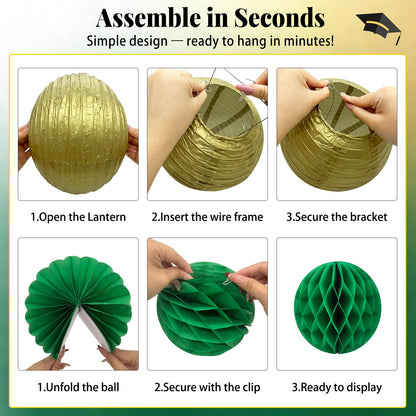Green and Gold Party Decorations - 16Pcs Hanging Green White and Gold Paper Lanterns & Honeycomb Balls for Graduation Decorations 2026, Birthday, Baby Shower & Wedding Party Supplies