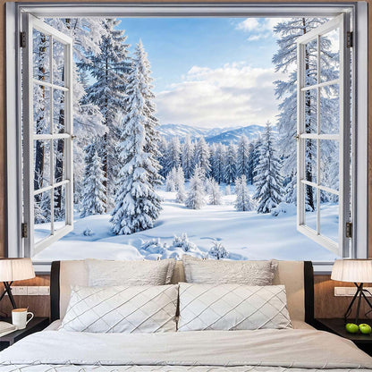 Lifeella Winter Snow Window Tapestry, Forest Outdoor Landscape Christmas Wall Backdrop, Snowy Mountain Mural for Living Room Bedroom Decor, White 36x48 inches