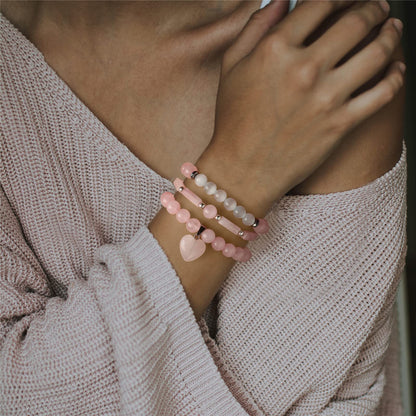 Vinswet Healing Crystal Beaded Bracelets for Women,Natural Rose Quartz Moonstone Gemstones Bracelet,Anxiety Stress Relief Heart Charm Bracelet Handmade pink Jewelry Gifts for Women (3pcs)