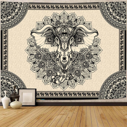 AACKart Mandala Elephant Wall Tapestry, Bohemian Hippie Boho Trippy Indie Aesthetic Home Tapestry, Black Yoga Mystic Vintage Wall Hanging for Bedroom Living Rooms College Dorm Studios-59x51 Inches
