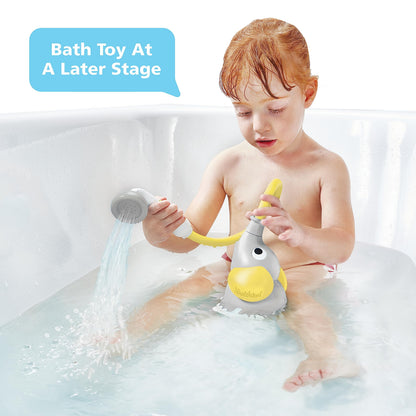 Yookidoo Baby Bath Shower Head - Elephant Water Pump and Trunk Spout Sprayer and Rinser-Control Water Flow from 2 Knobs Baby Bath Time Essentials for Newborn Babies in Tub Or Sink (Yellow)